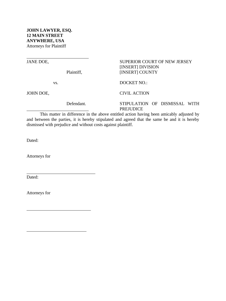 Nj Stipulation Dismissal Form