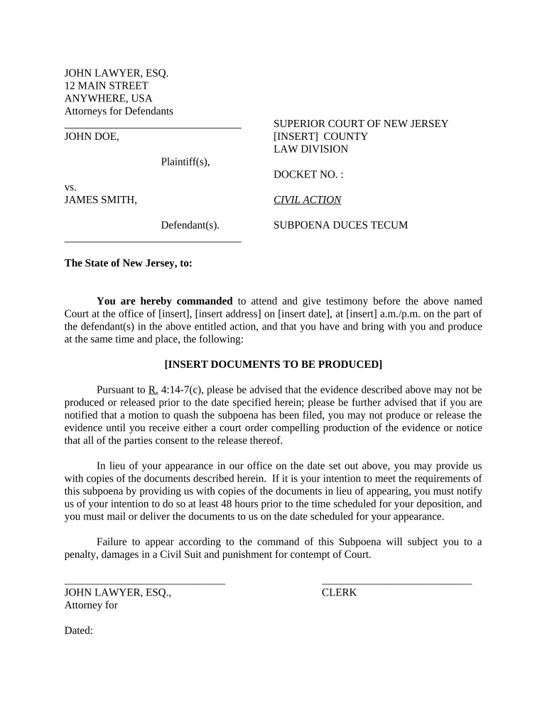 Nj Subpoena Documents  Form