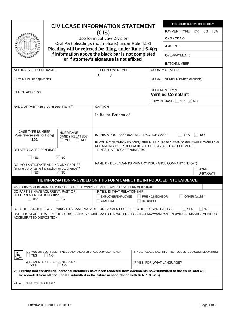 Civil Case Information Sheet for Adult Name Change New Jersey