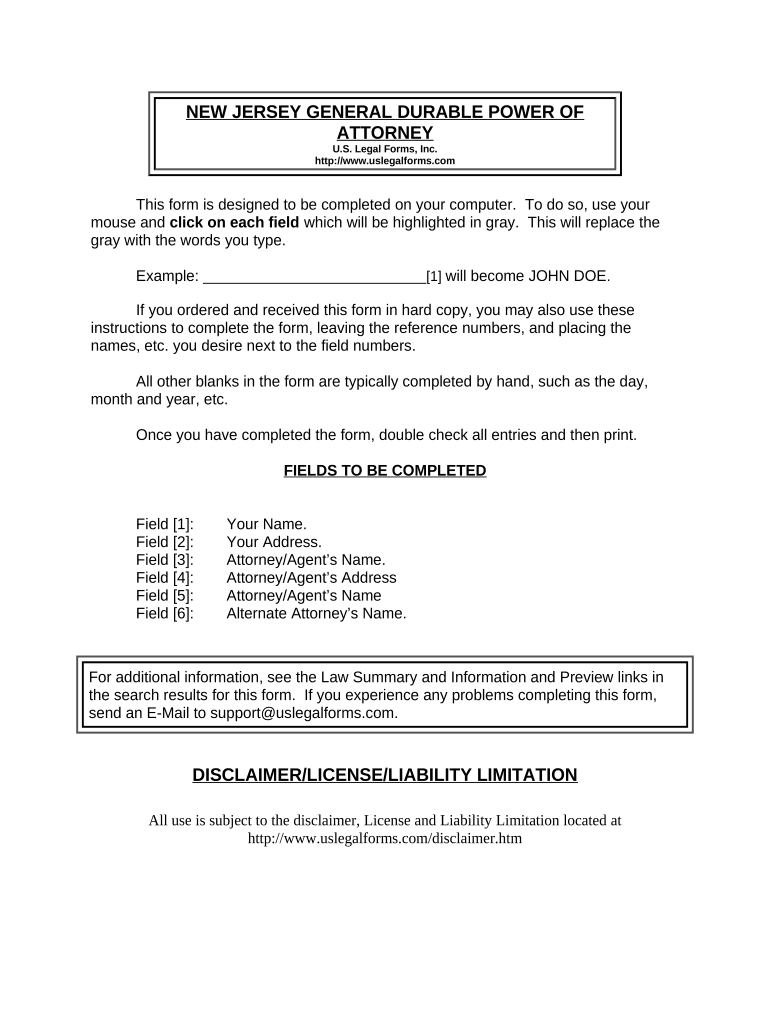 Fill and Sign the General Durable Power of Attorney for Property and Finances or Financial Effective Immediately New Jersey Form