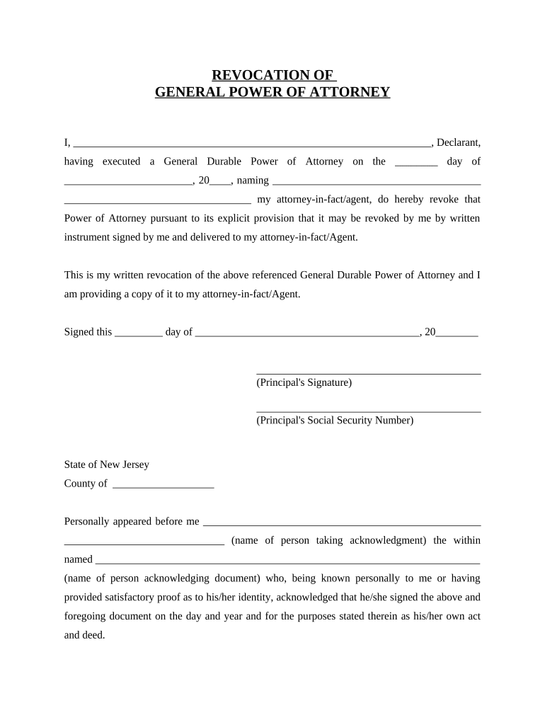 Revocation of General Durable Power of Attorney New Jersey  Form
