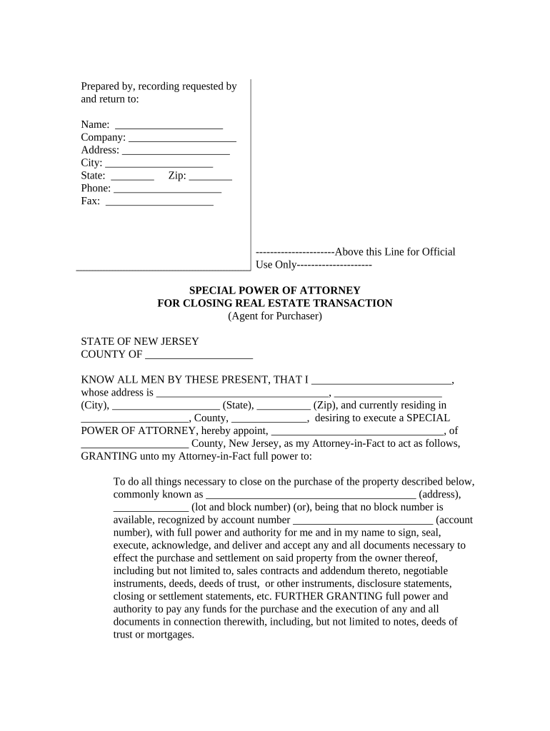 Special or Limited Power of Attorney for Real Estate Purchase Transaction by Purchaser New Jersey  Form