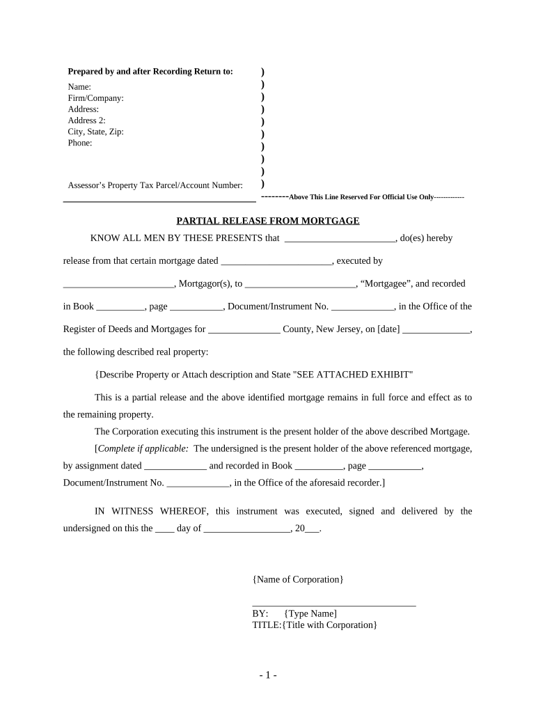 Partial Release of Property from Mortgage for Corporation New Jersey  Form