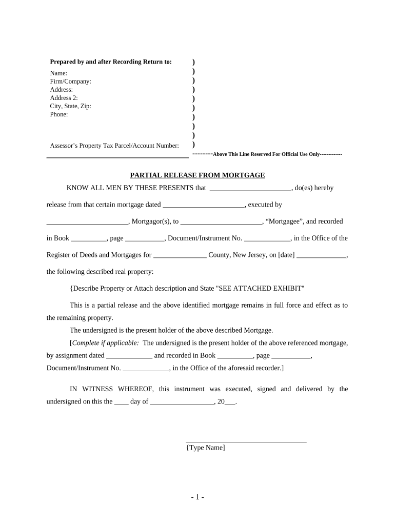Partial Release of Property from Mortgage by Individual Holder New Jersey  Form
