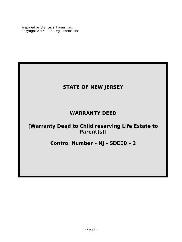 Warranty Deed for Parents to Child with Reservation of Life Estate New Jersey  Form