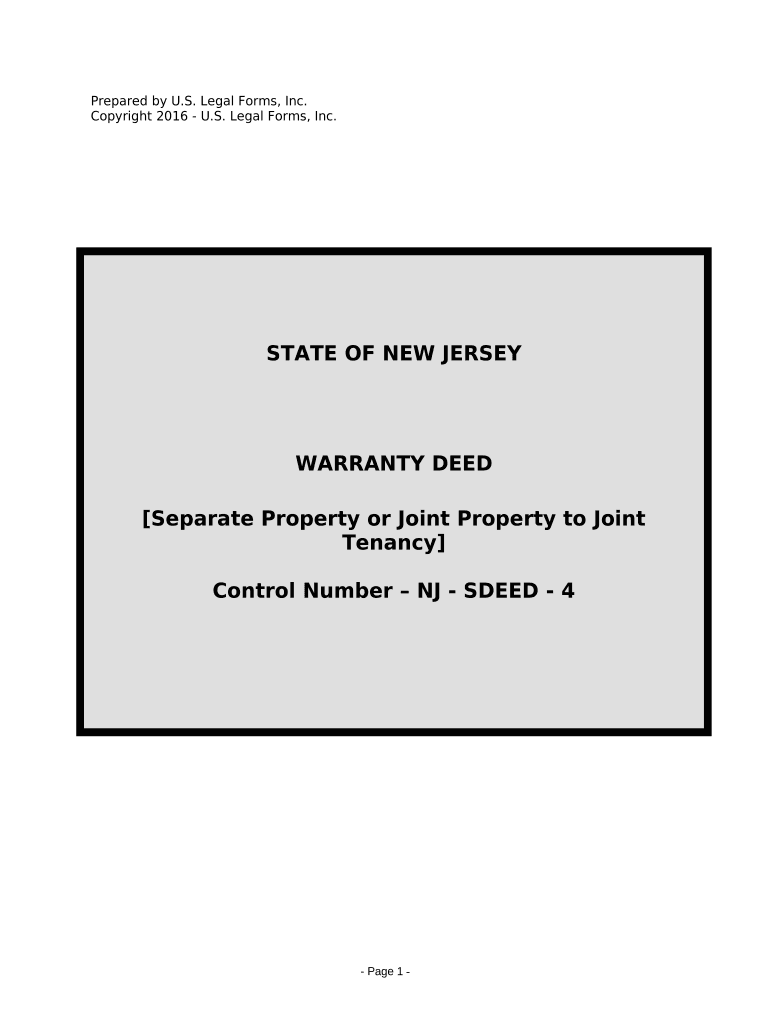 Warranty Deed for Separate or Joint Property to Joint Tenancy New Jersey  Form