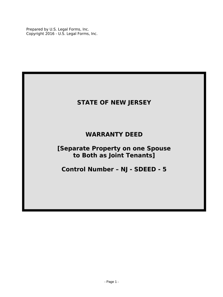Warranty Deed to Separate Property of One Spouse to Both Spouses as Joint Tenants New Jersey  Form