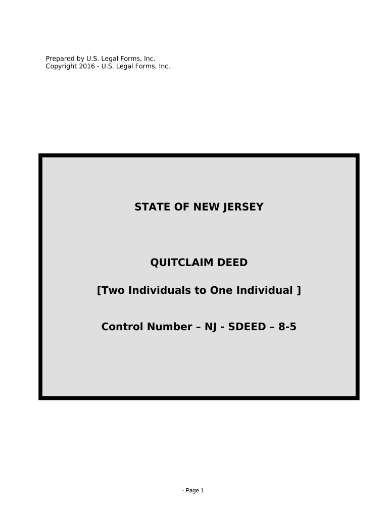 Quitclaim Deed from Two Individuals to One Individual New Jersey  Form