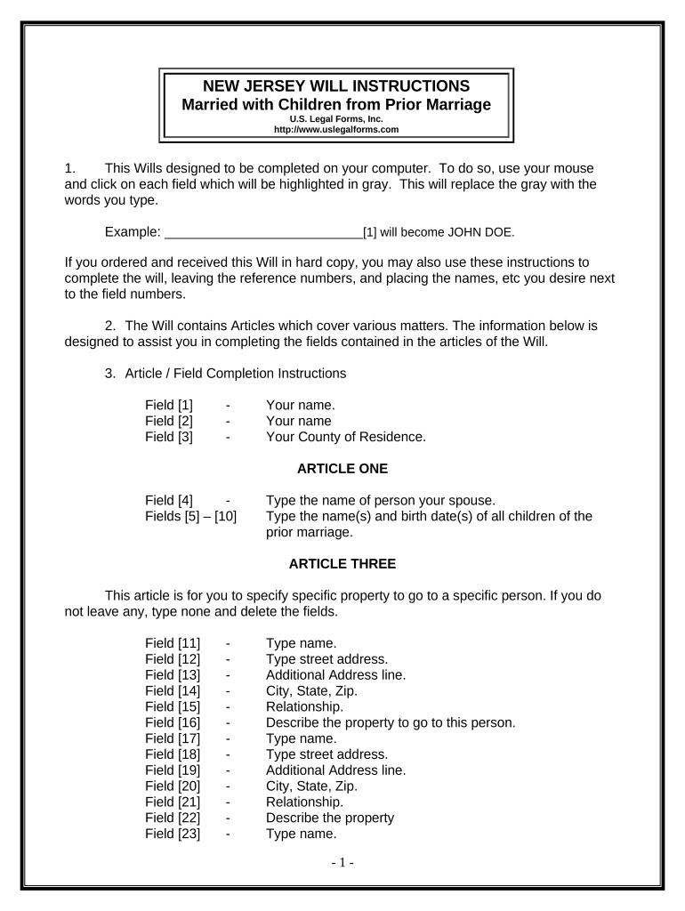 Legal Last Will and Testament for Married Person with Minor Children from Prior Marriage New Jersey  Form