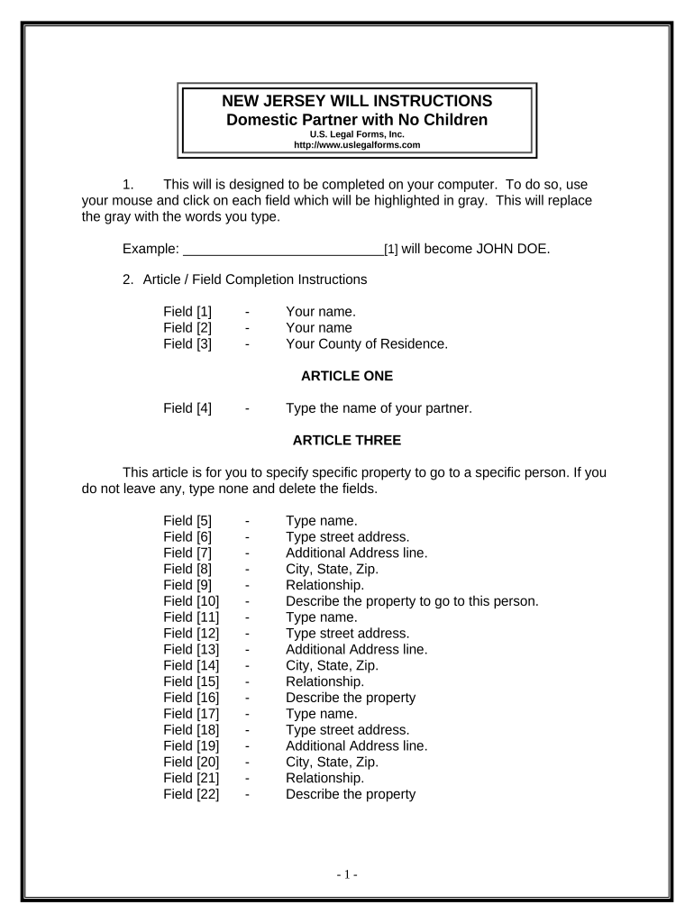 Legal Last Will and Testament Form for a Domestic Partner with No Children New Jersey