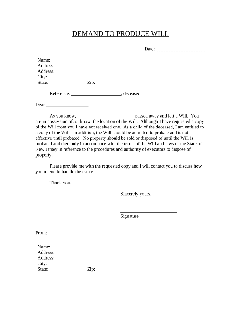 Demand to Produce Copy of Will from Heir to Executor or Person in Possession of Will New Jersey  Form