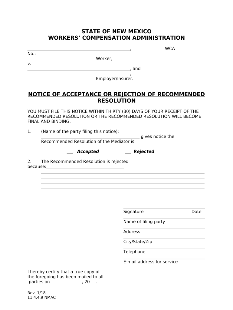 Notice of Acceptance or Rejection of Recommended Resolution New Mexico  Form