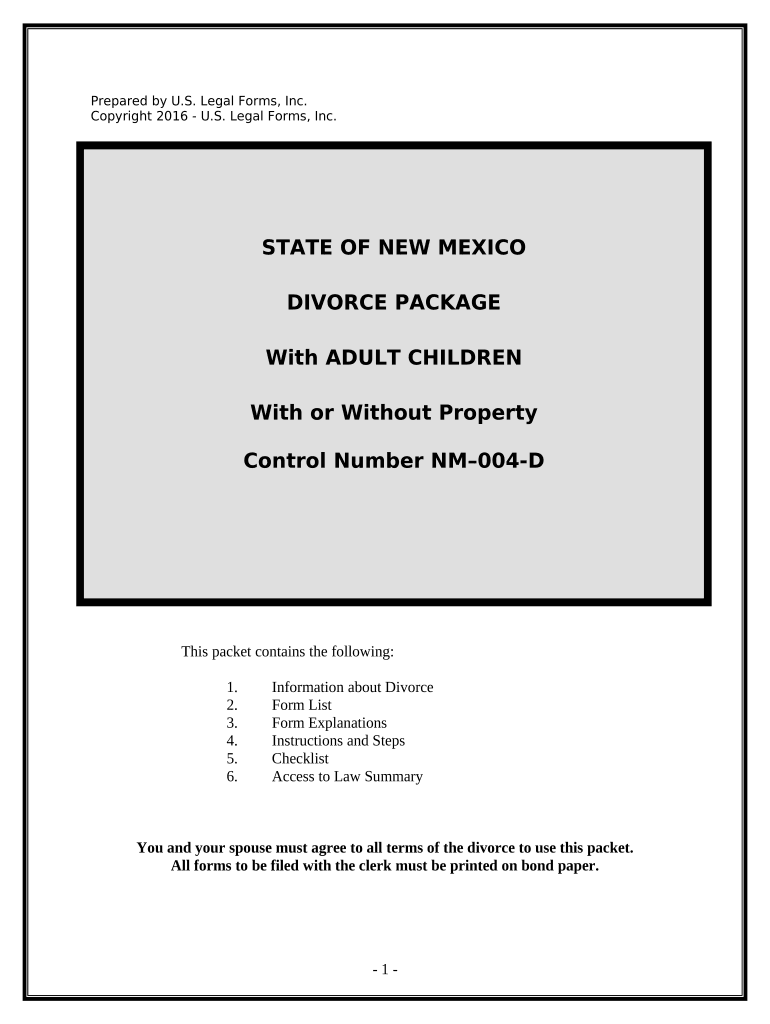 No Fault Uncontested Agreed Divorce Package for Dissolution of Marriage with Adult Children and with or Without Property and Deb  Form