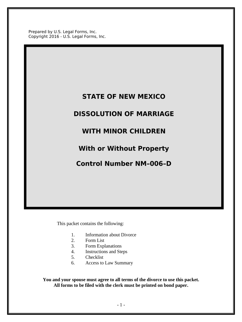 No Fault Agreed Uncontested Divorce Package for Dissolution of Marriage for People with Minor Children New Mexico  Form