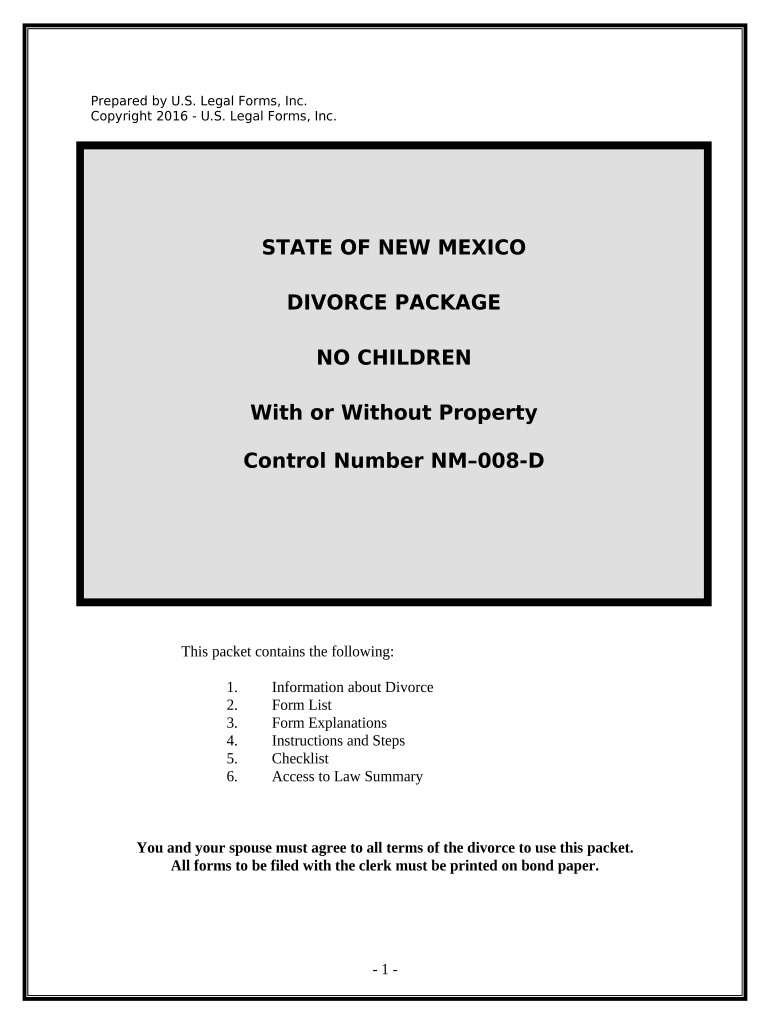 No Fault Agreed Uncontested Divorce Package for Dissolution of Marriage for Persons with No Children with or Without Property an  Form