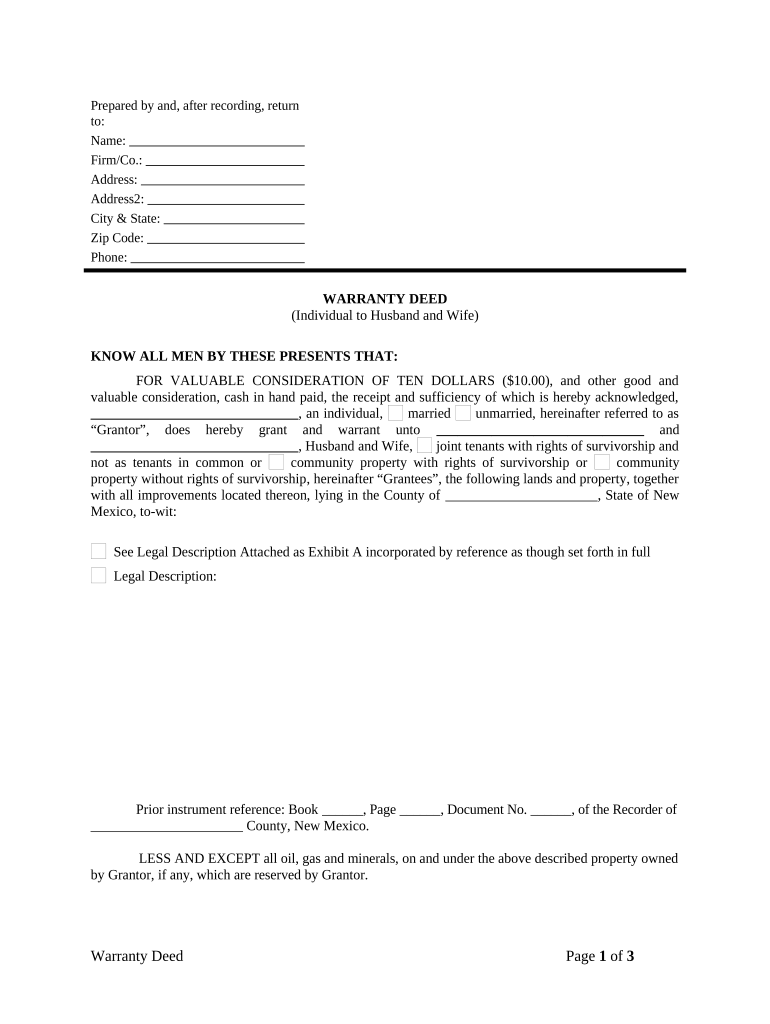 Warranty Deed from Individual to Husband and Wife New Mexico  Form
