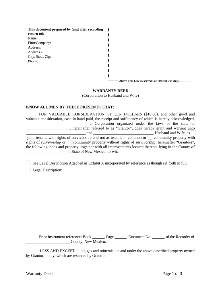 Warranty Deed from Corporation to Husband and Wife New Mexico  Form