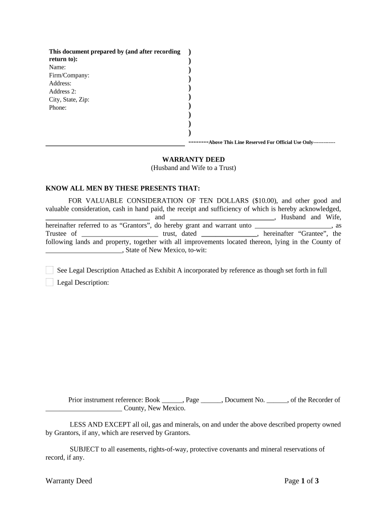 Warranty Deed from Husband and Wife to a Trust New Mexico  Form