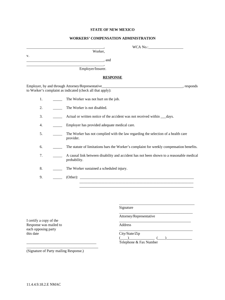 Employers Response to Workers Compensation Complaint New Mexico  Form