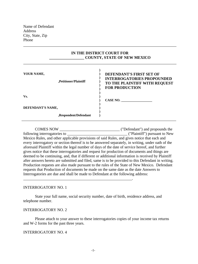 Discovery Interrogatories from Defendant to Plaintiff with Production Requests New Mexico  Form