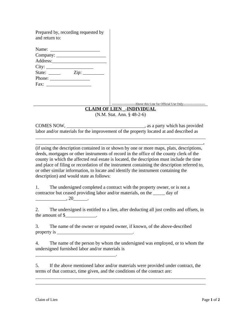 Claim of Lien by Individual New Mexico  Form
