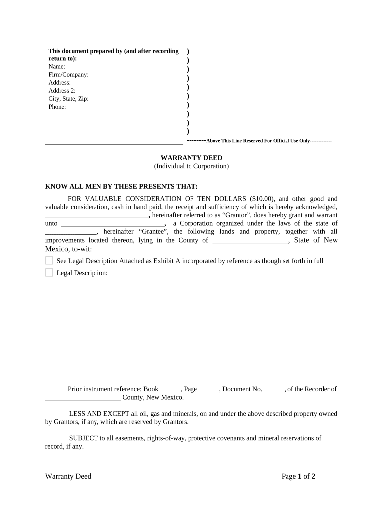 Warranty Deed from Individual to Corporation New Mexico  Form