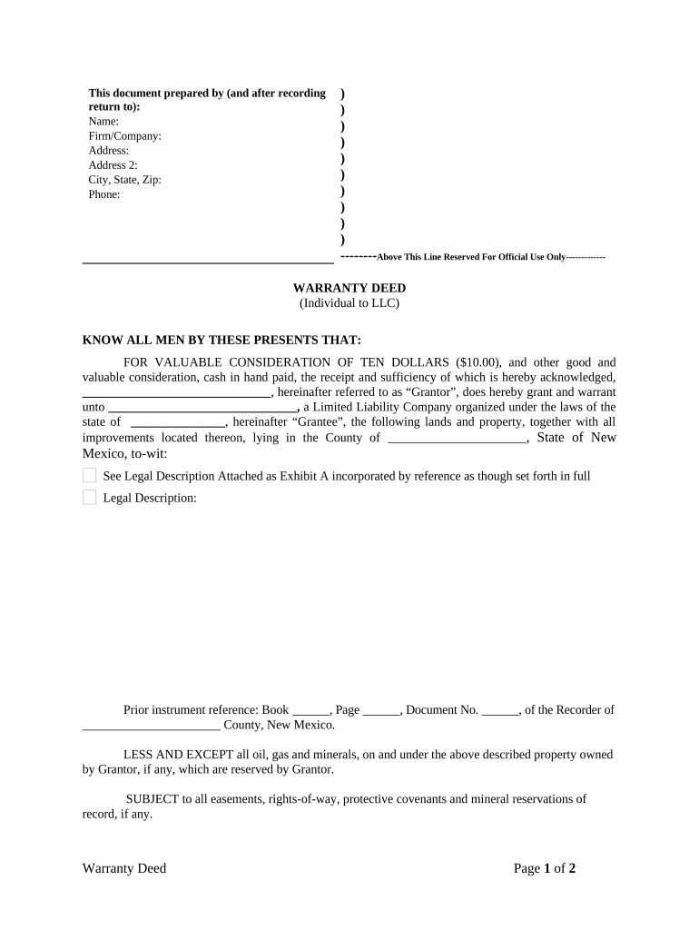 Warranty Deed from Individual to LLC New Mexico  Form