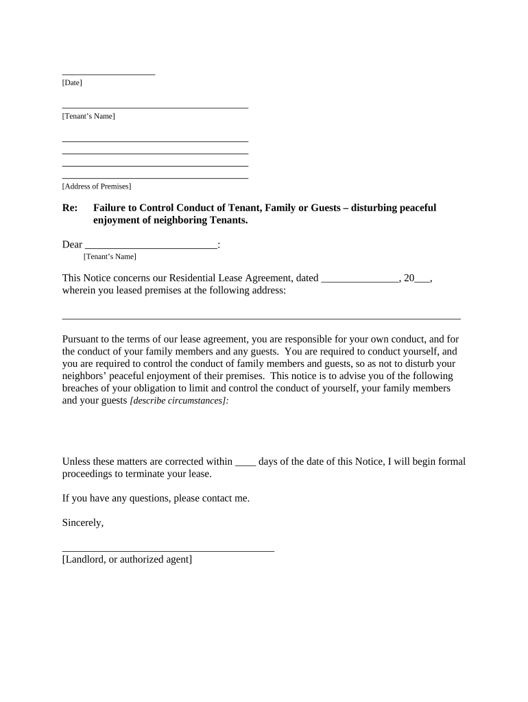 Letter from Landlord to Tenant as Notice to Tenant of Tenant's Disturbance of Neighbors' Peaceful Enjoyment to Remedy or Lease T  Form