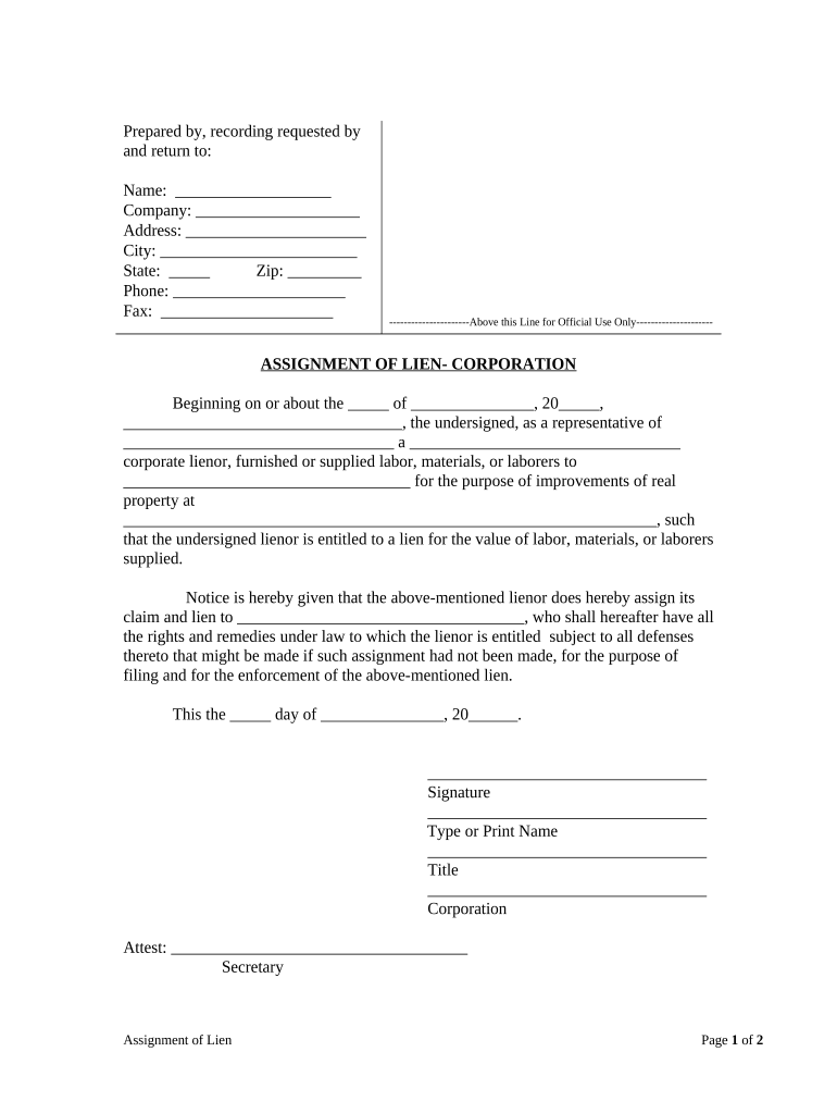 Assignment of Lien Corporation or LLC New Mexico  Form