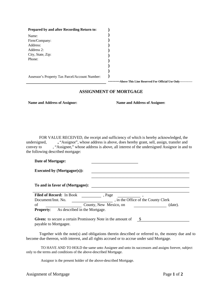 Assignment of Mortgage by Individual Mortgage Holder New Mexico  Form