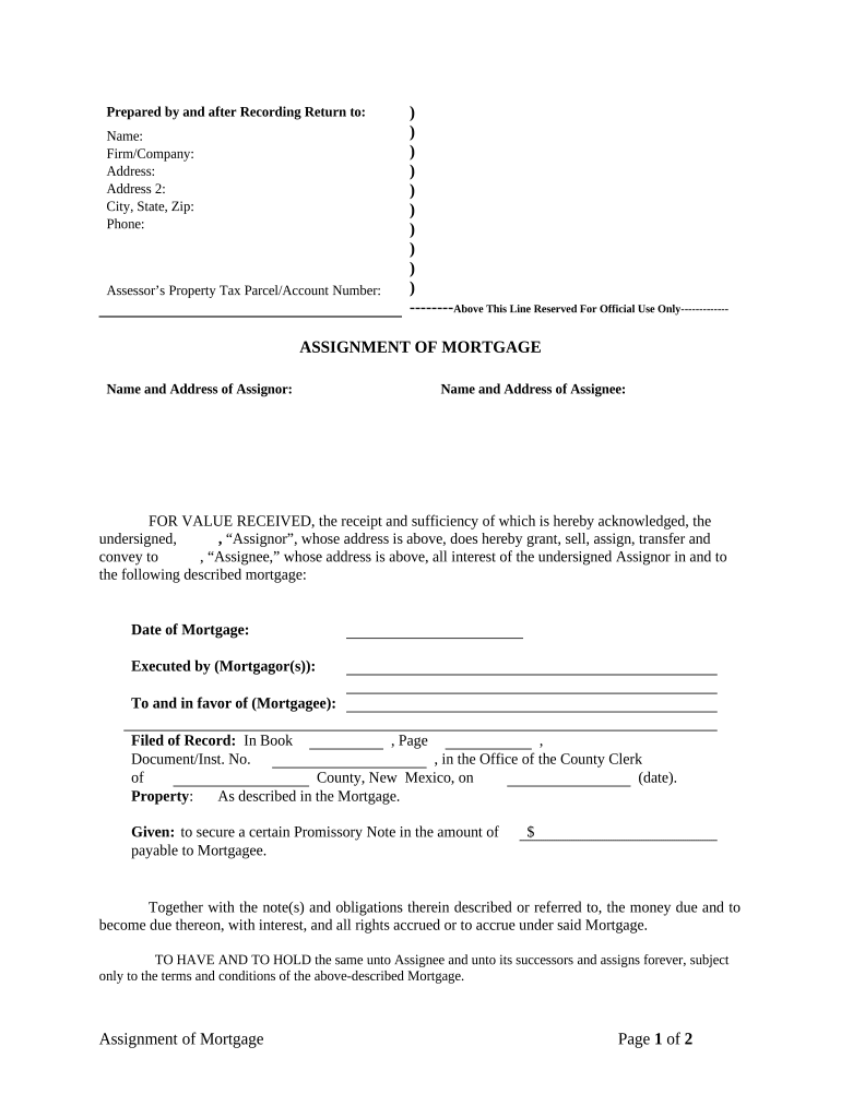 Assignment of Mortgage by Corporate Mortgage Holder New Mexico  Form