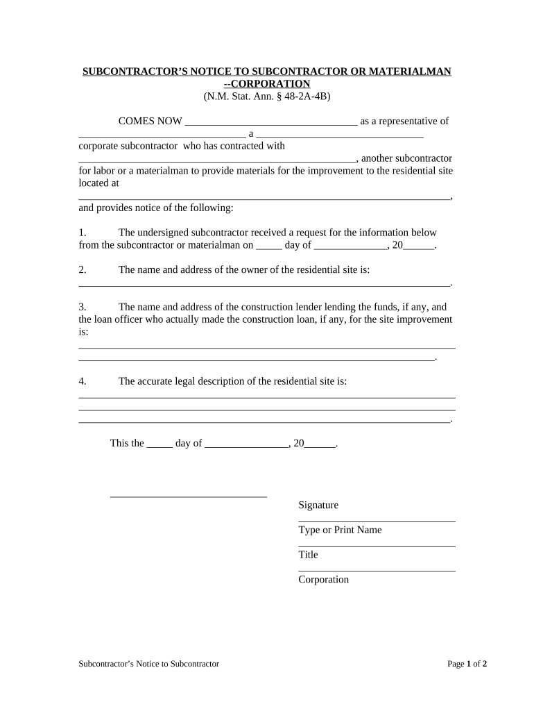 Subcontractor's Notice to Subcontractor or Materialman Corporation New Mexico  Form