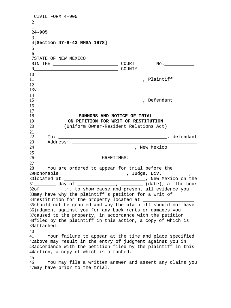 Writ Restitution Act  Form