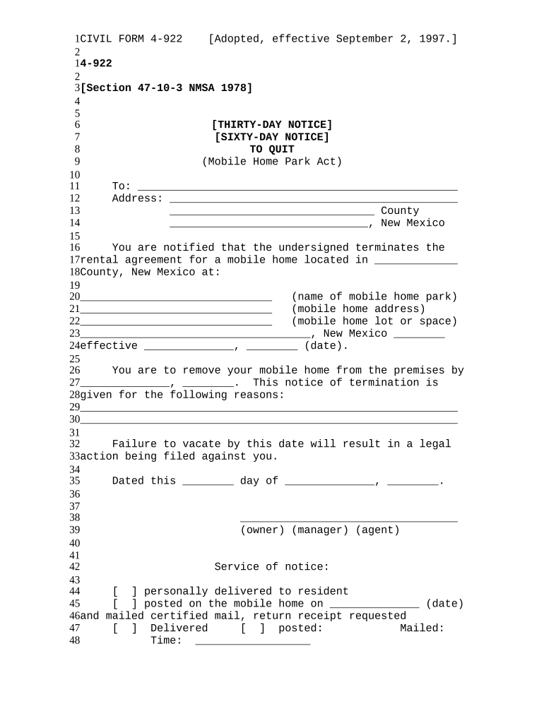 Thirty Day Notice Sixty Day Notice to Quit Prior to Eviction Mobile Home Park Act New Mexico  Form