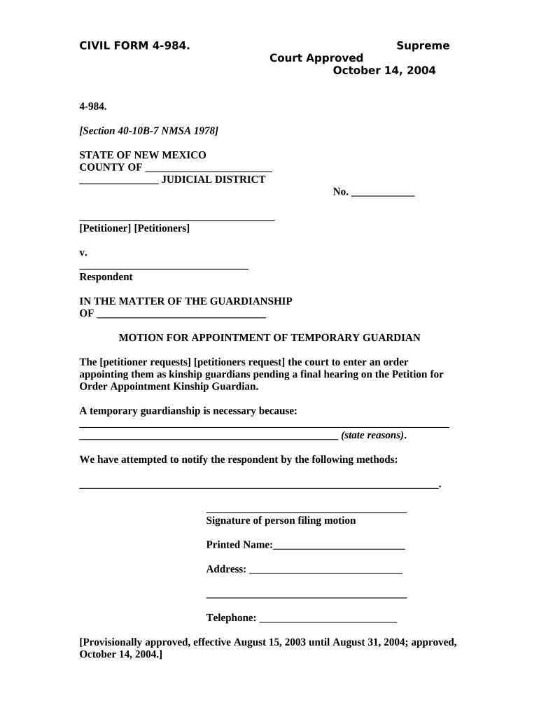 Appointment Temporary Guardian  Form