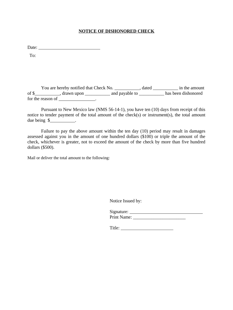 Notice of Dishonored Check Civil Keywords Bad Check, Bounced Check New Mexico  Form