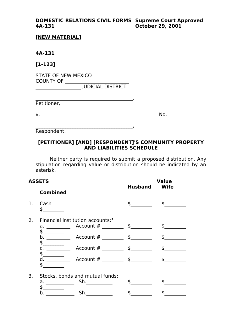 Petitioner's and Respondent's Community Property and Liabilities Schedule New Mexico  Form