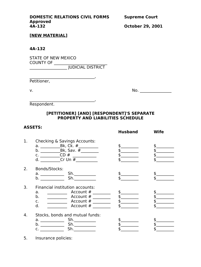 Petitioner's and Respondent's Separate Property and Liabilities Schedule New Mexico  Form