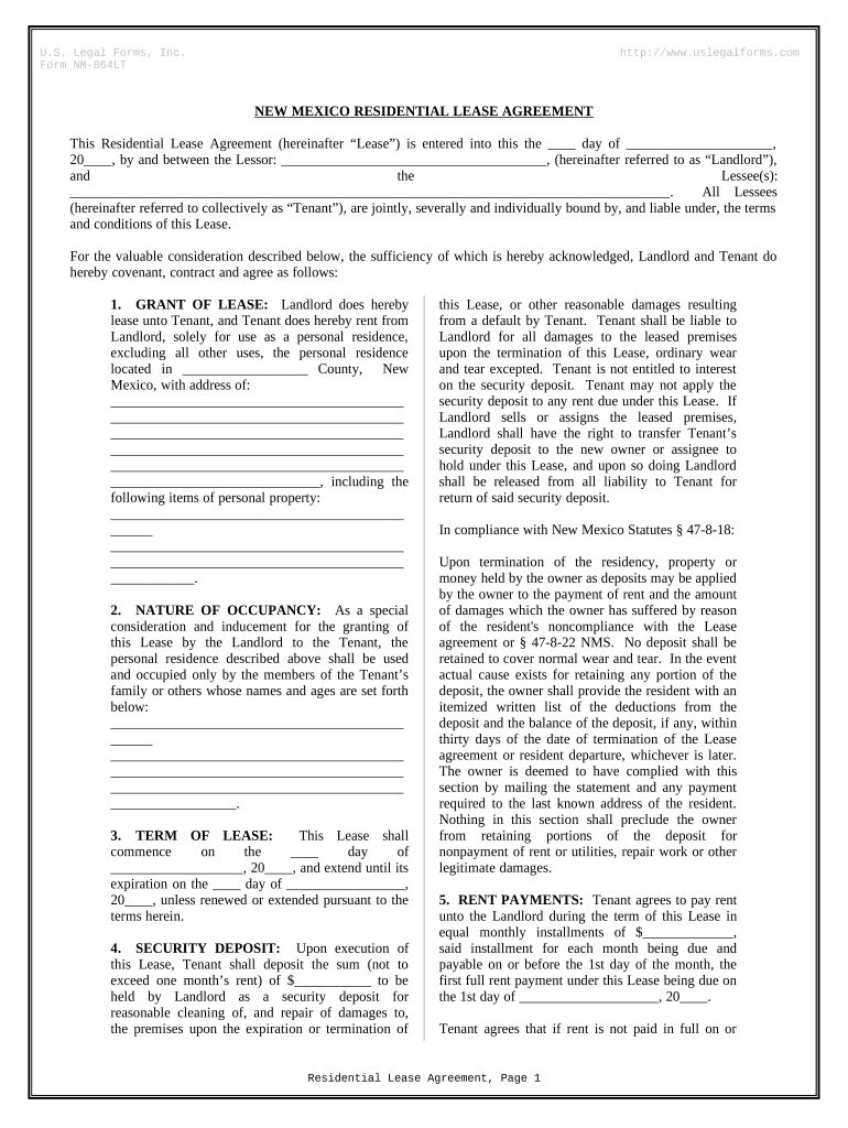 Residential Rental Lease Agreement New Mexico  Form