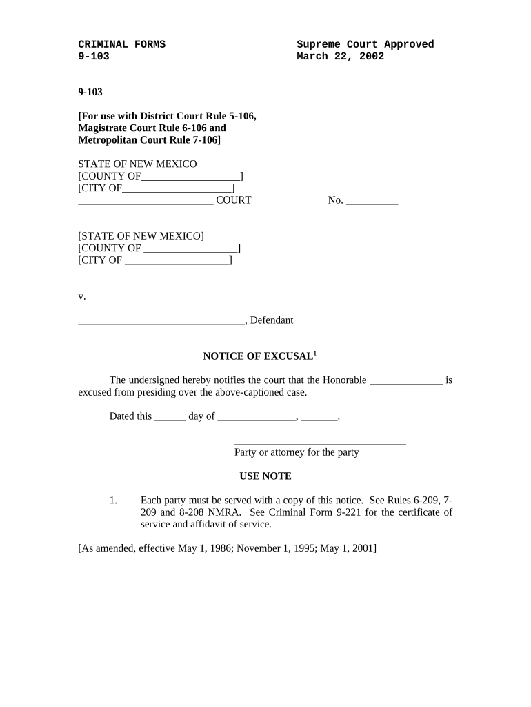 New Mexico Excusal  Form