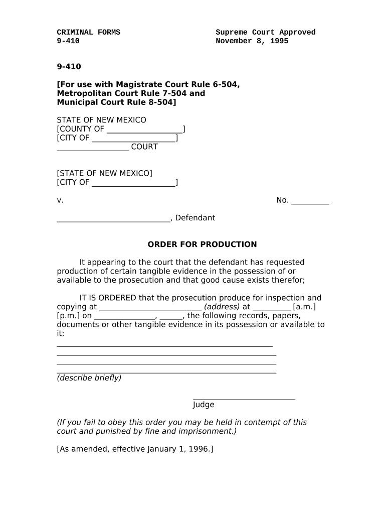 Order for Production New Mexico  Form