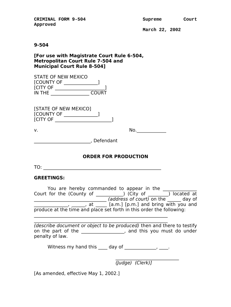 Order of Production New Mexico  Form