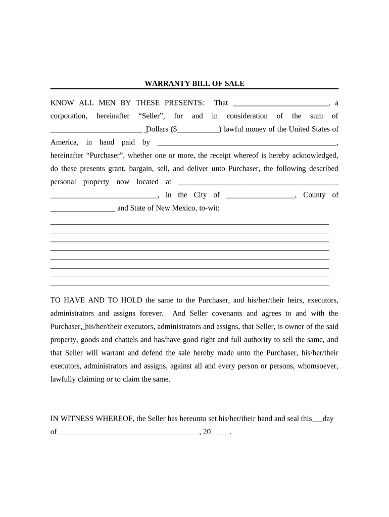 Bill of Sale with Warranty for Corporate Seller New Mexico  Form