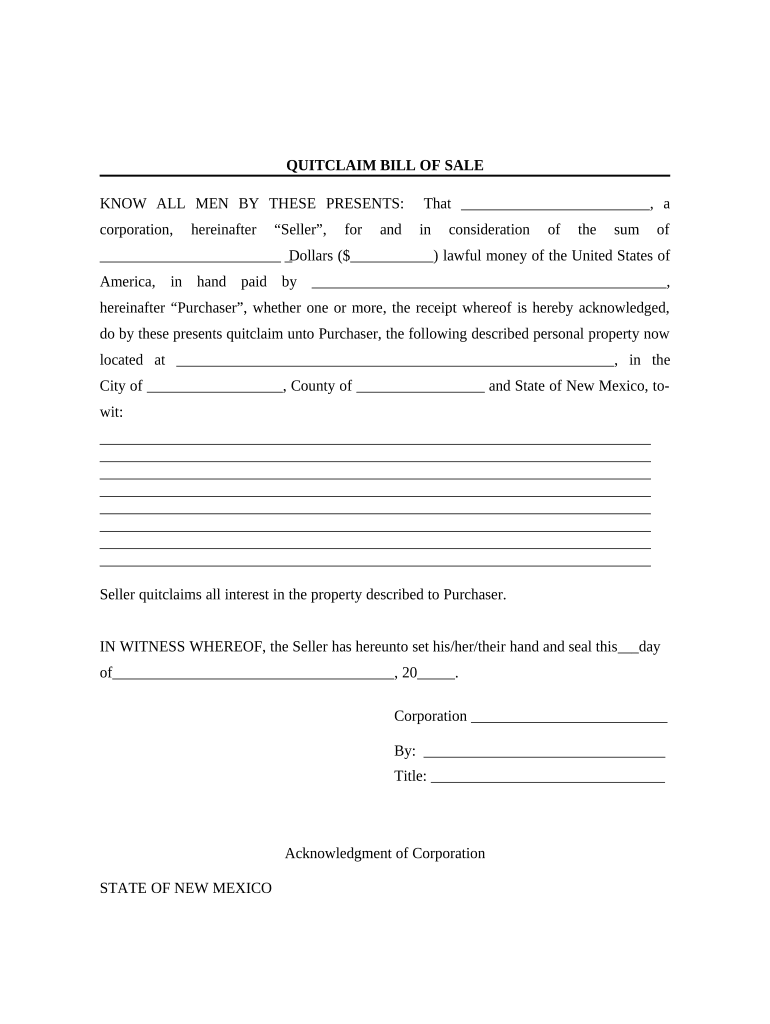 Bill of Sale Without Warranty by Corporate Seller New Mexico  Form