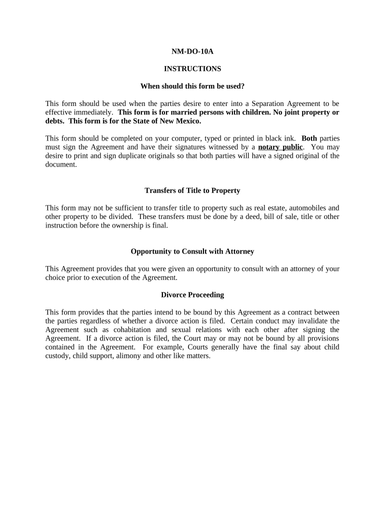 Marital Domestic Separation and Property Settlement Agreement Minor Children No Joint Property or Debts Effective Immediately Ne  Form