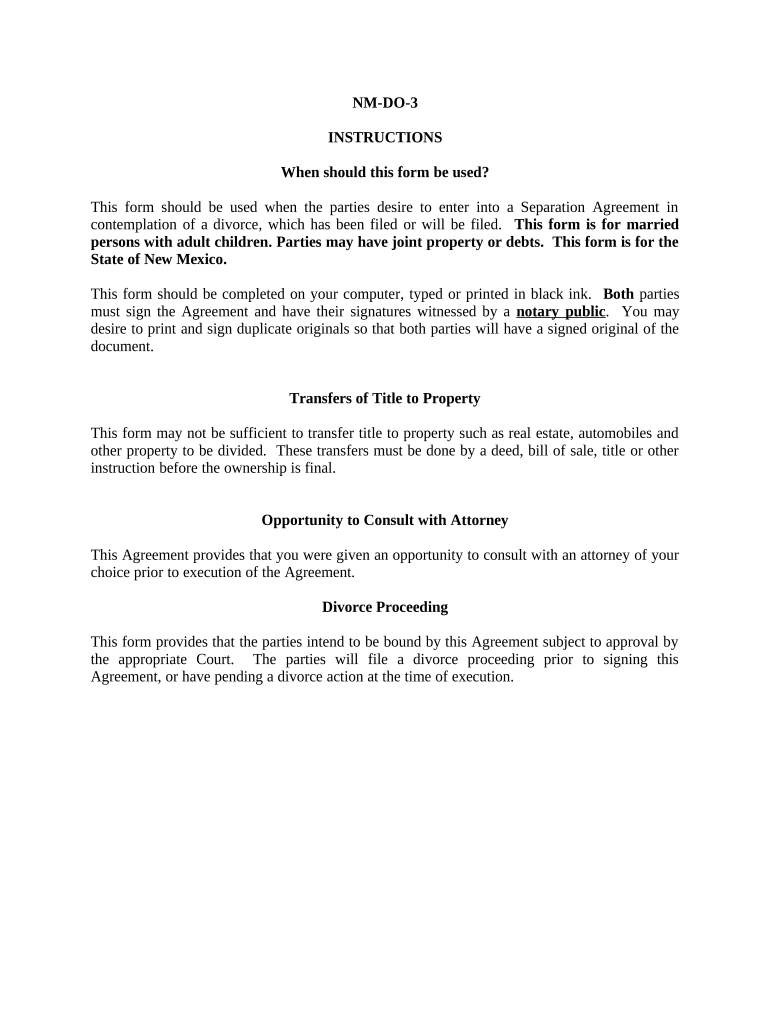 Marital Domestic Separation and Property Settlement Agreement Adult Children Parties May Have Joint Property or Debts Where Divo  Form