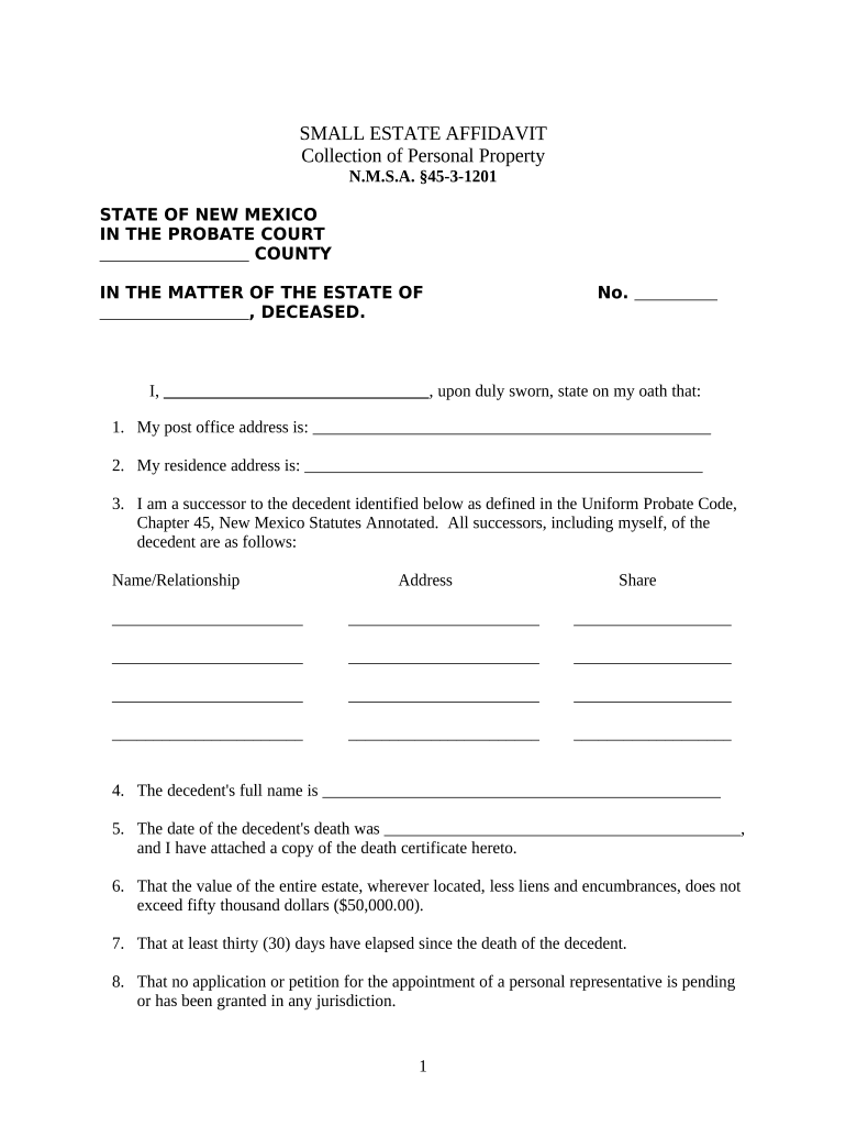 Small Estate Affidavit for Estates under $50,000 New Mexico  Form