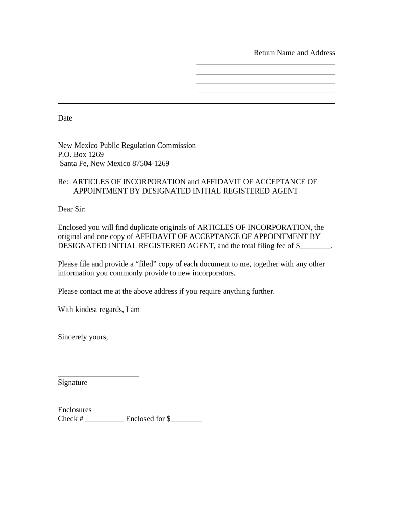 Sample Transmittal Letter to Secretary of State's Office to File Articles of Incorporation New Mexico New Mexico  Form