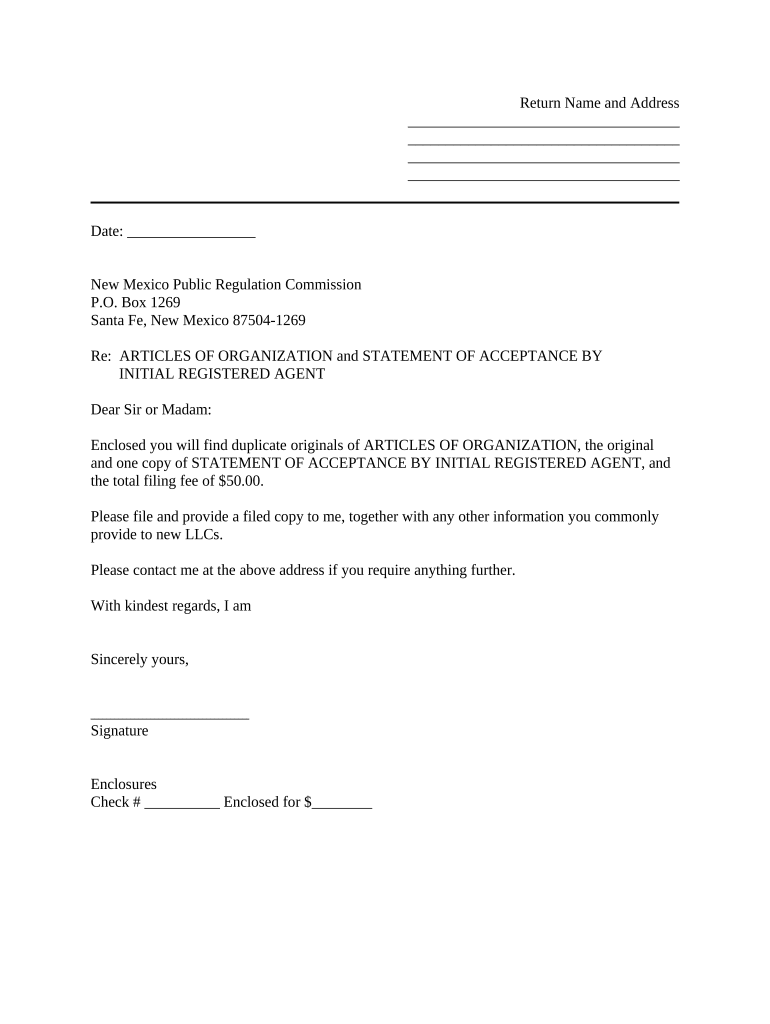 Sample Cover Letter for Filing of LLC Articles or Certificate with Secretary of State New Mexico  Form