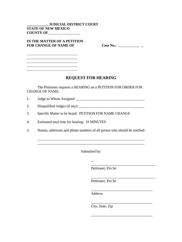 Request for Hearing for Name Change New Mexico  Form